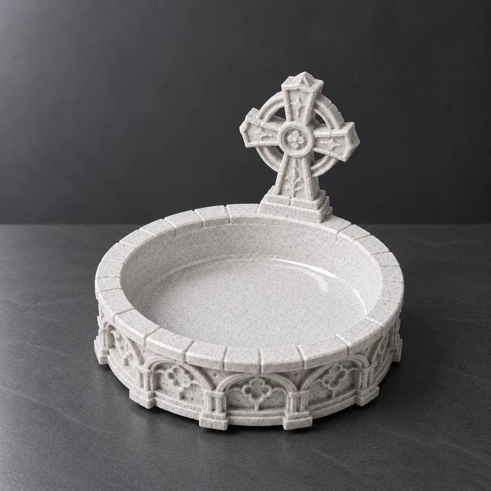 Ivory Font, Gothic water bowl, marble-look white